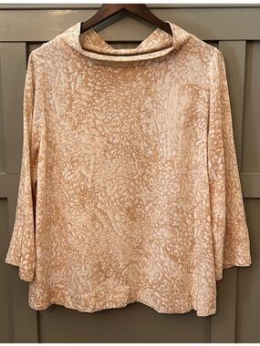Soft Surroundings Adrienne Top Mock Neck Blouse Golden Tan Print Size Large